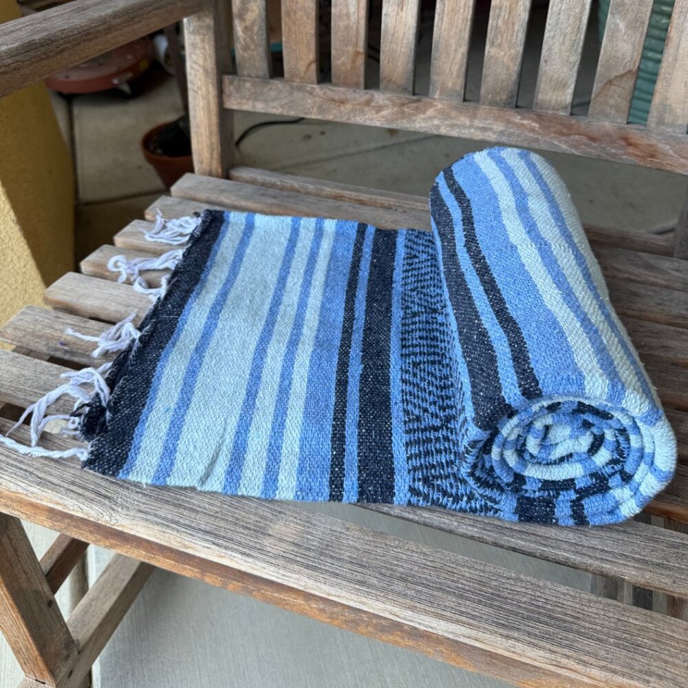 Coastal Blue Mexican Serape Falsa Beach Blanket Yoga Woven 80x50
